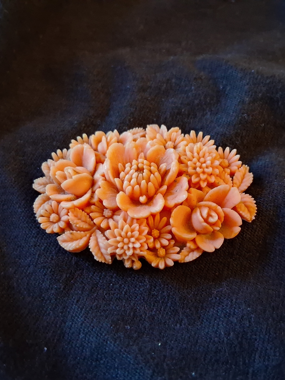 Antique Floral Carved Coral Brooch - Peach Pink Coral